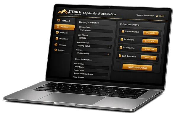 Sierra CapitalMatch online business financing application displayed on a laptop