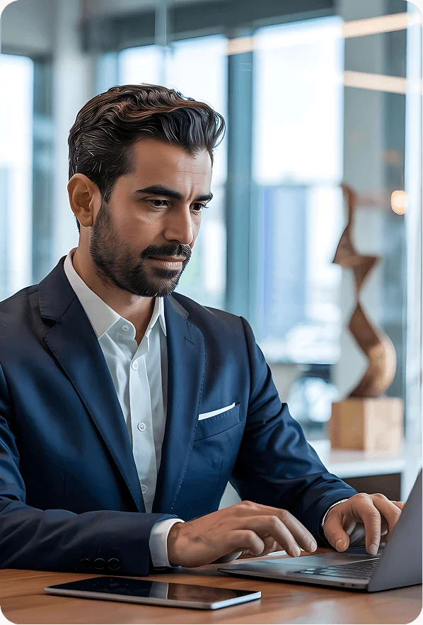 Business financing advisor reviewing a commercial capital application on a laptop
